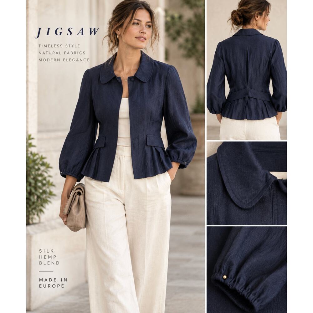 Jigsaw Silk Hemp Jacket Navy Y2K Made Europe Belted Peplum Designer Size 8